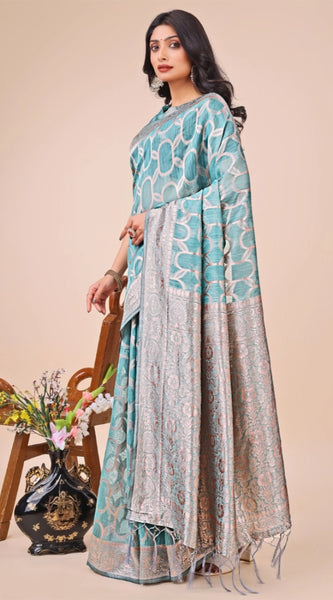 Mayawye Women's Linen Cotton Printed Saree With Unstitched Blouse 5.5Mtr (Teal)