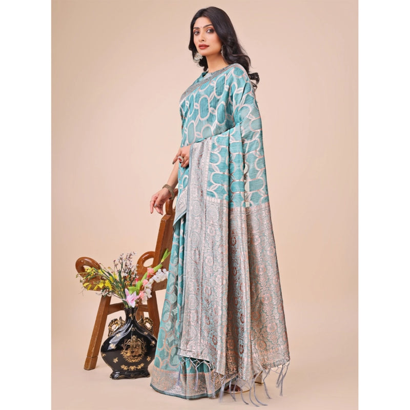 Mayawye Women's Linen Cotton Printed Saree With Unstitched Blouse 5.5Mtr (Teal)