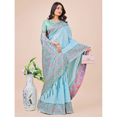 Mayawye Women's Lichi Silk Printed Saree With Unstitched Blouse 5.5Mtr (Teal)
