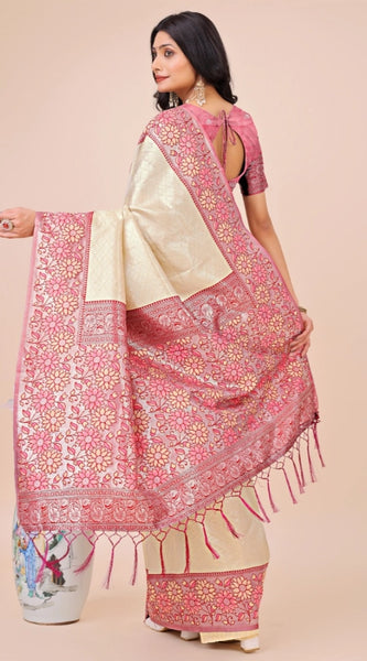 Mayawye Women's Lichi Silk Printed Saree With Unstitched Blouse 5.5Mtr (Cream)