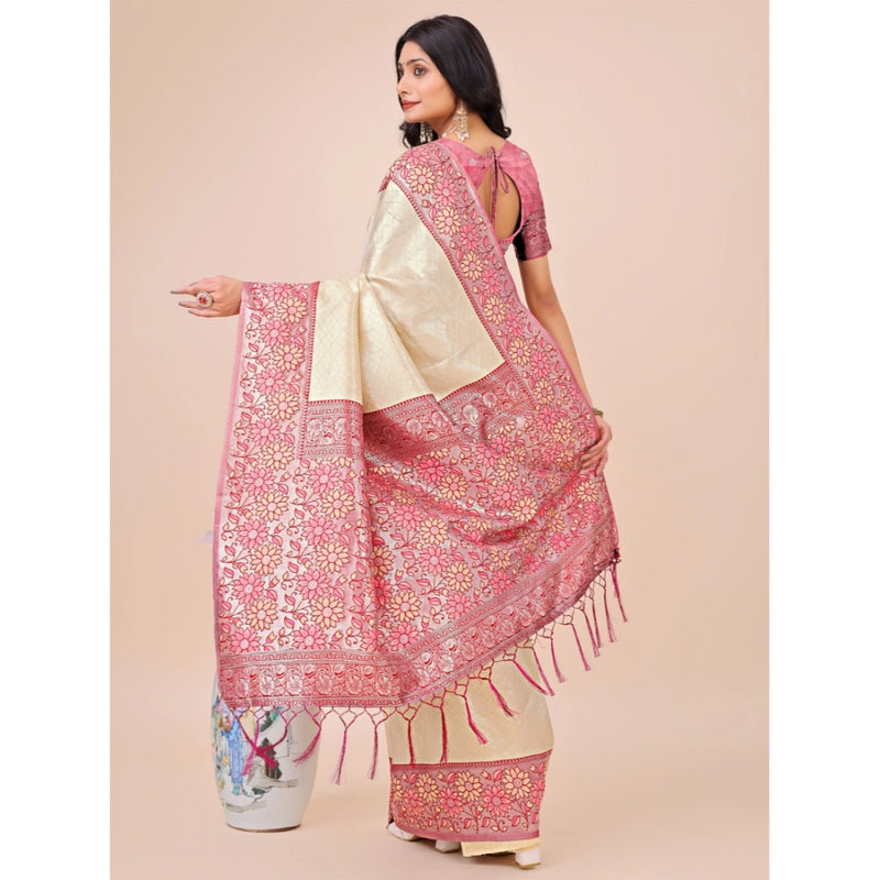 Mayawye Women's Lichi Silk Printed Saree With Unstitched Blouse 5.5Mtr (Cream)