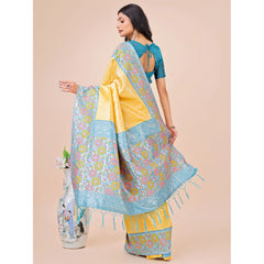 Mayawye Women's Lichi Silk Printed Saree With Unstitched Blouse 5.5Mtr (Yellow)
