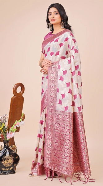 Mayawye Women's Linen Cotton Printed Saree With Unstitched Blouse 5.5Mtr (Magenta)
