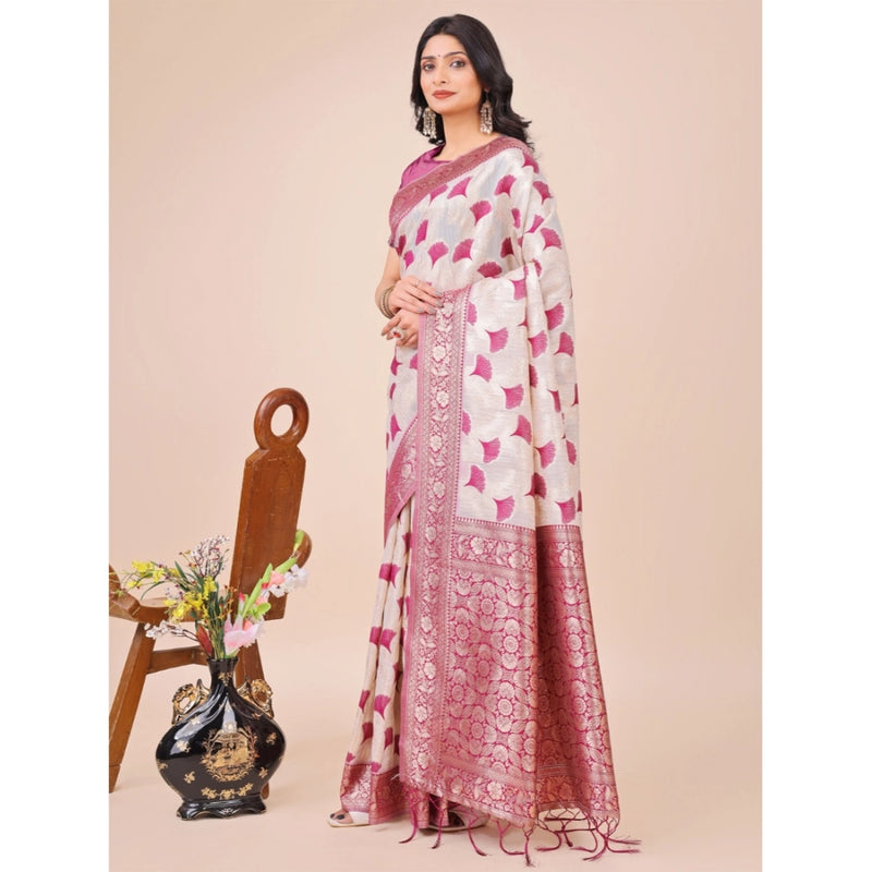 Mayawye Women's Linen Cotton Printed Saree With Unstitched Blouse 5.5Mtr (Magenta)