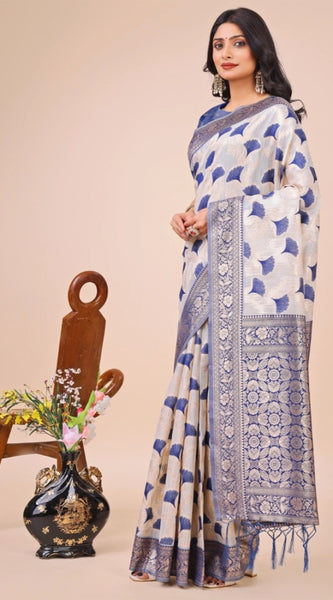 Mayawye Women's Linen Cotton Printed Saree With Unstitched Blouse 5.5Mtr (Blue)