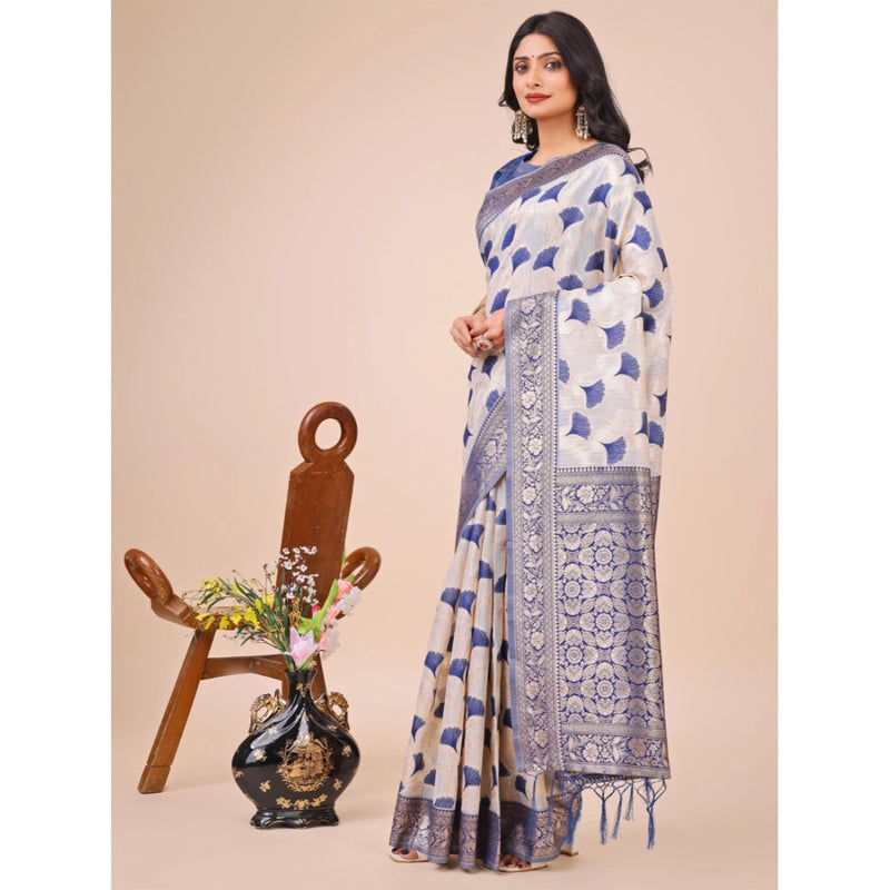 Mayawye Women's Linen Cotton Printed Saree With Unstitched Blouse 5.5Mtr (Blue)