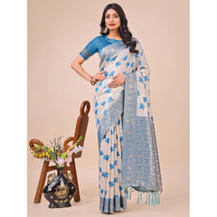 Mayawye Women's Linen Cotton Printed Saree With Unstitched Blouse 5.5Mtr (Teal)