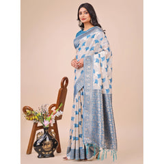 Mayawye Women's Linen Cotton Printed Saree With Unstitched Blouse 5.5Mtr (Sky Blue)