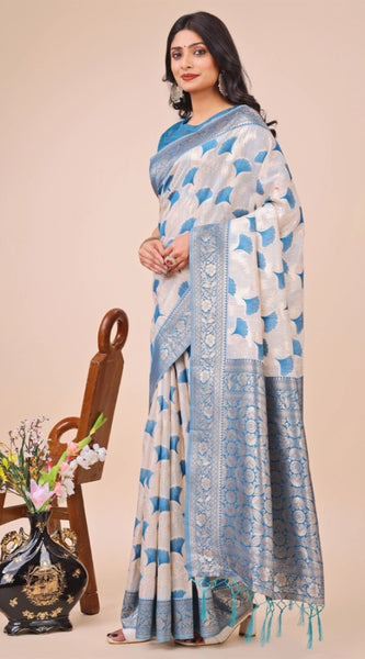 Mayawye Women's Linen Cotton Printed Saree With Unstitched Blouse 5.5Mtr (Sky Blue)
