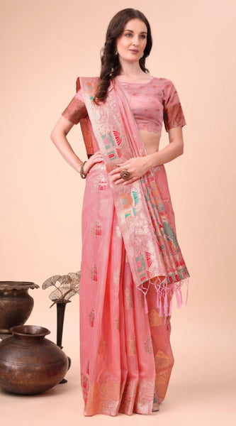 Mayawye Women's Linen Cotton Printed Saree With Unstitched Blouse 5.5Mtr (Pink)