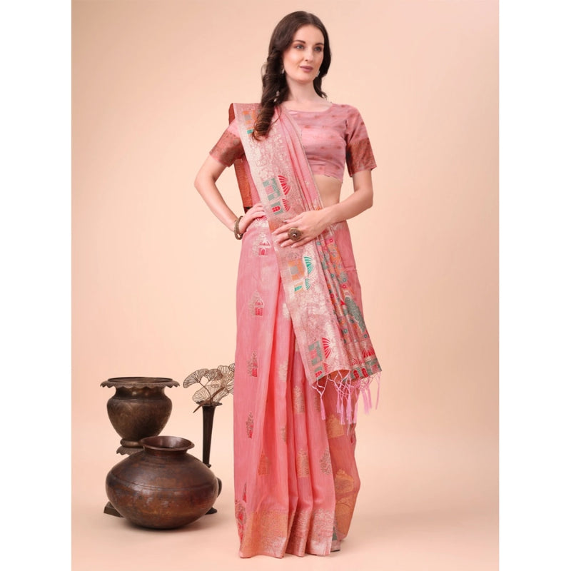 Mayawye Women's Linen Cotton Printed Saree With Unstitched Blouse 5.5Mtr (Pink)