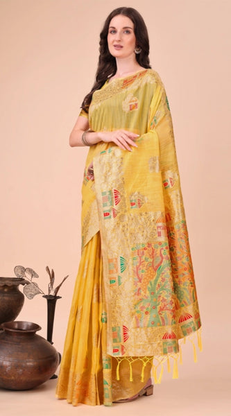 Mayawye Women's Linen Cotton Printed Saree With Unstitched Blouse 5.5Mtr (Yellow)