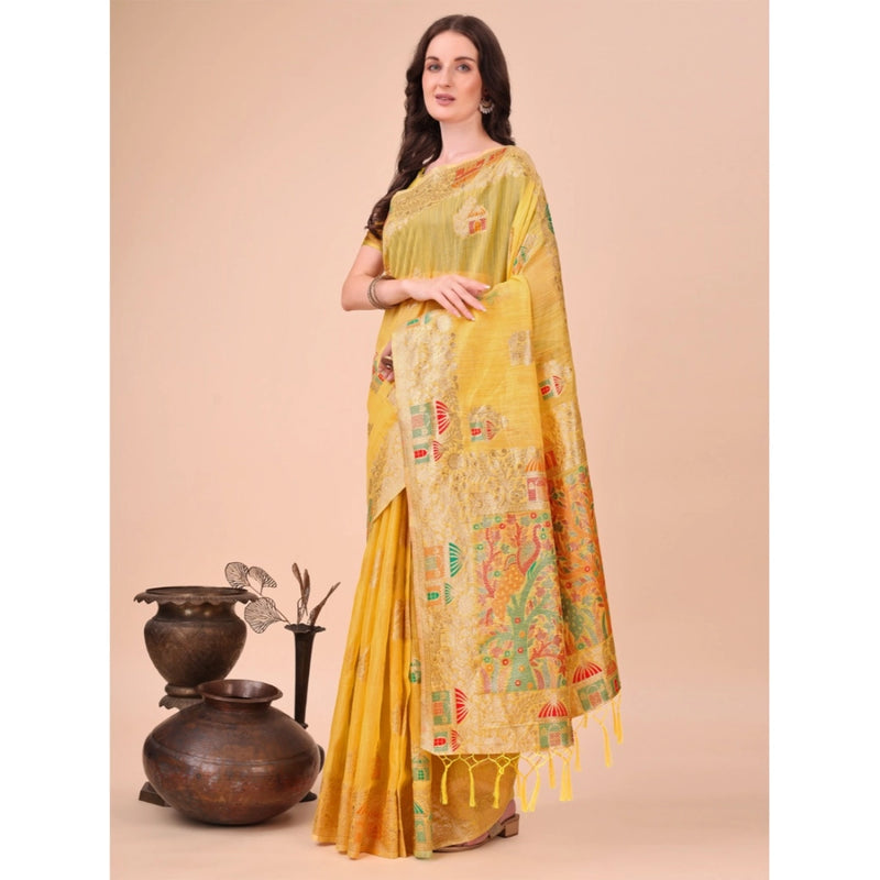 Mayawye Women's Linen Cotton Printed Saree With Unstitched Blouse 5.5Mtr (Yellow)