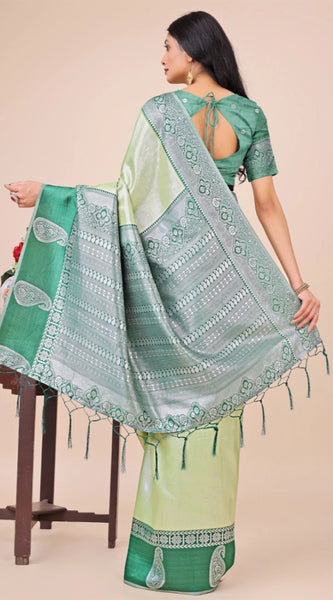 Mayawye Women's Lichi Silk Printed Saree With Unstitched Blouse 5.5Mtr (Light Green)