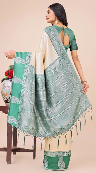 Mayawye Women's Lichi Silk Printed Saree With Unstitched Blouse 5.5Mtr (Cream)