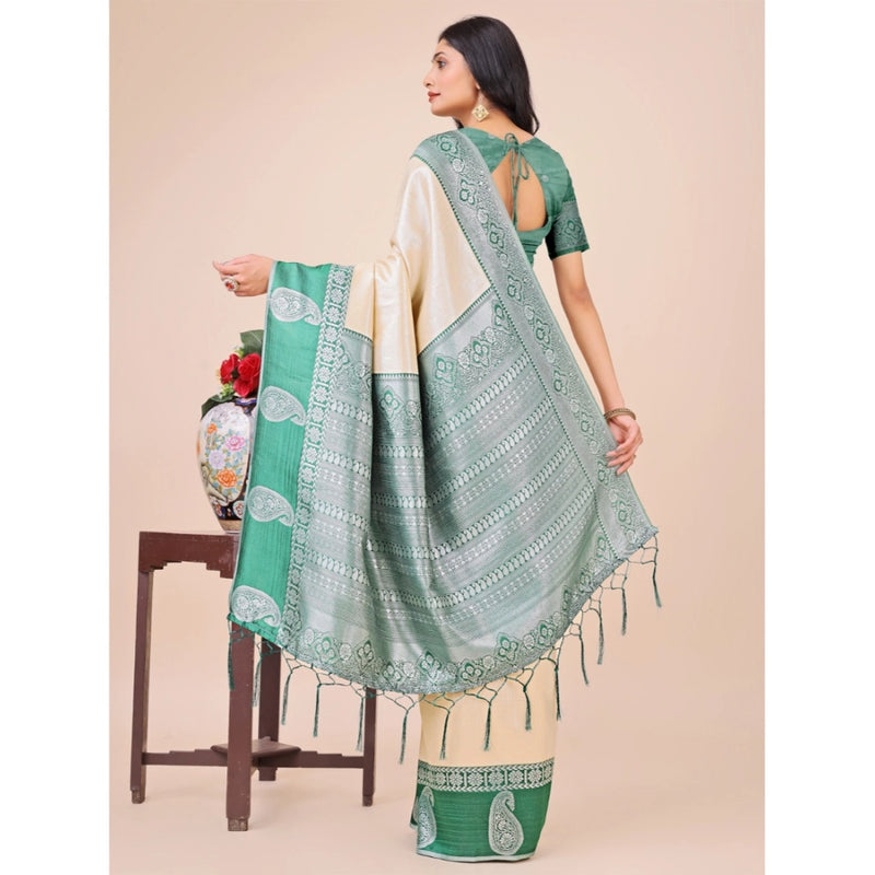 Mayawye Women's Lichi Silk Printed Saree With Unstitched Blouse 5.5Mtr (Cream)
