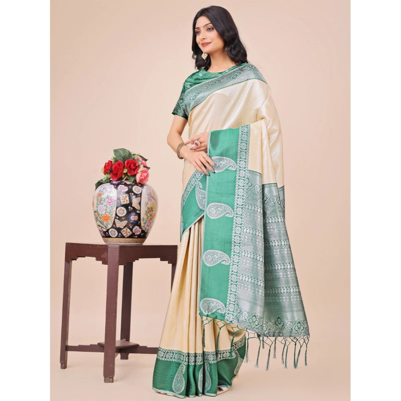 Mayawye Women's Lichi Silk Printed Saree With Unstitched Blouse 5.5Mtr (Cream)