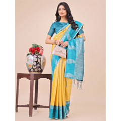 Mayawye Women's Lichi Silk Printed Saree With Unstitched Blouse 5.5Mtr (Yellow)