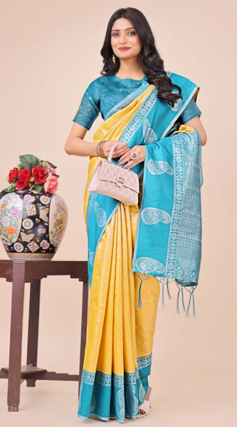 Mayawye Women's Lichi Silk Printed Saree With Unstitched Blouse 5.5Mtr (Yellow)