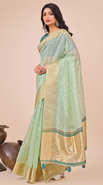 Mayawye Women's Organza Printed Saree With Unstitched Blouse 5.5Mtr (Olive Green)