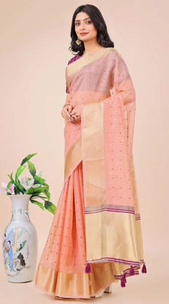 Mayawye Women's Organza Printed Saree With Unstitched Blouse 5.5Mtr (Light Pink)