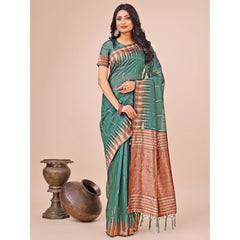 Mayawye Women's Linen Cotton Printed Saree With Unstitched Blouse 5.5Mtr (Green)