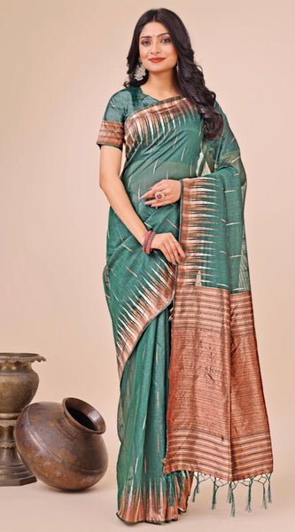 Mayawye Women's Linen Cotton Printed Saree With Unstitched Blouse 5.5Mtr (Green)