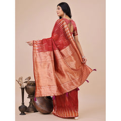 Mayawye Women's Linen Cotton Printed Saree With Unstitched Blouse 5.5Mtr (Red)