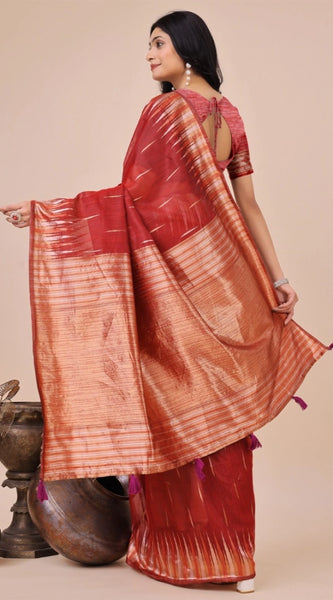 Mayawye Women's Linen Cotton Printed Saree With Unstitched Blouse 5.5Mtr (Red)