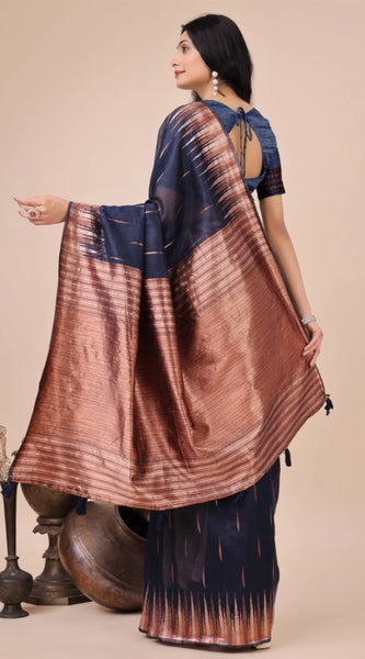 Mayawye Women's Linen Cotton Printed Saree With Unstitched Blouse 5.5Mtr (Navy Blue)