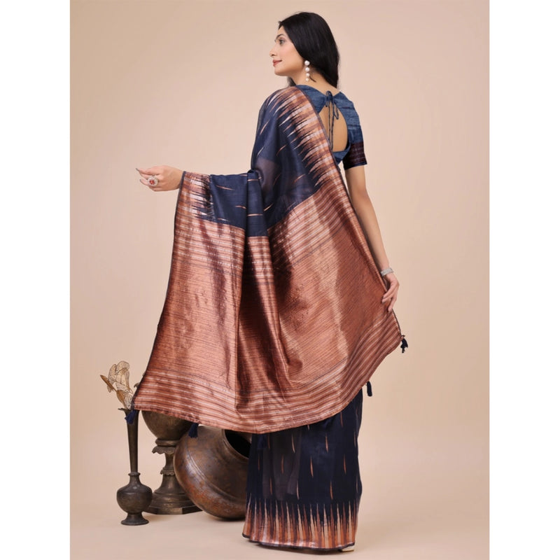 Mayawye Women's Linen Cotton Printed Saree With Unstitched Blouse 5.5Mtr (Navy Blue)