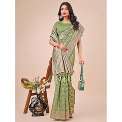 Mayawye Women's Linen Cotton Printed Saree With Unstitched Blouse 5.5Mtr (Green)