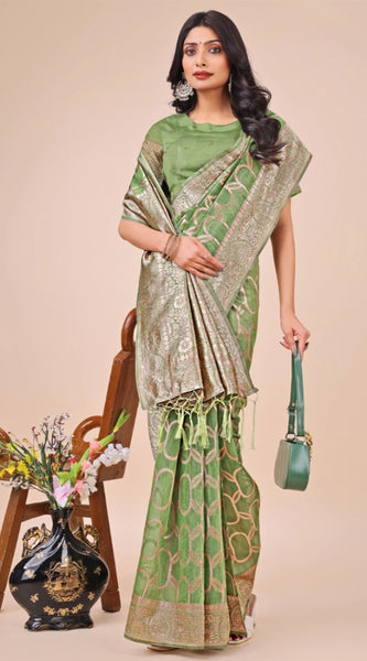 Mayawye Women's Linen Cotton Printed Saree With Unstitched Blouse 5.5Mtr (Green)