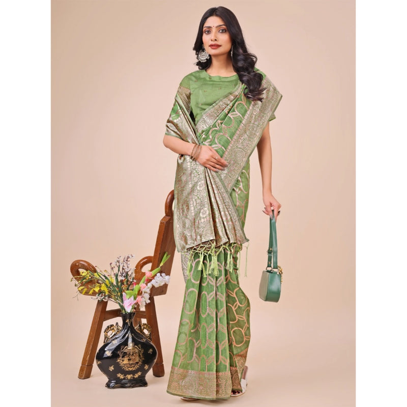 Mayawye Women's Linen Cotton Printed Saree With Unstitched Blouse 5.5Mtr (Green)