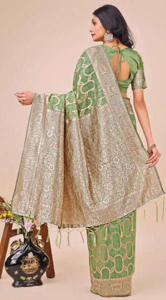 Mayawye Women's Linen Cotton Printed Saree With Unstitched Blouse 5.5Mtr (Green)
