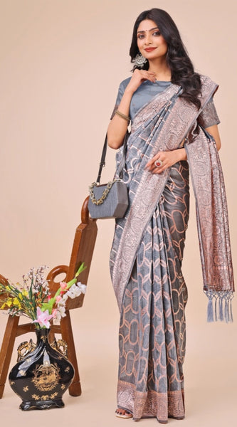 Mayawye Women's Linen Cotton Printed Saree With Unstitched Blouse 5.5Mtr (Grey)