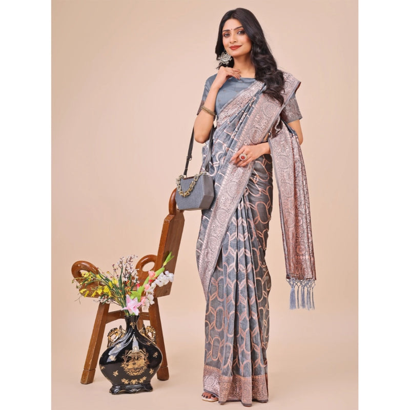 Mayawye Women's Linen Cotton Printed Saree With Unstitched Blouse 5.5Mtr (Grey)