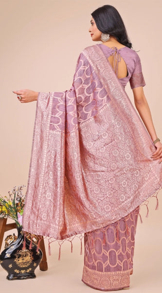 Mayawye Women's Linen Cotton Printed Saree With Unstitched Blouse 5.5Mtr (Purple)