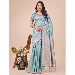 Mayawye Women's Linen Cotton Printed Saree With Unstitched Blouse 5.5Mtr (Teal)