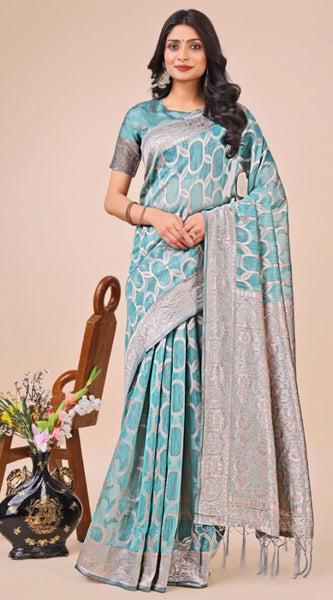 Mayawye Women's Linen Cotton Printed Saree With Unstitched Blouse 5.5Mtr (Teal)