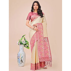 Mayawye Women's Lichi Silk Printed Saree With Unstitched Blouse 5.5Mtr (Cream)