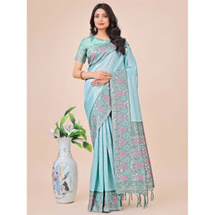 Mayawye Women's Lichi Silk Printed Saree With Unstitched Blouse 5.5Mtr (Teal)