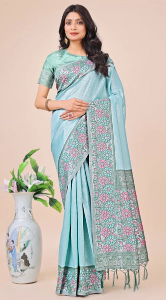 Mayawye Women's Lichi Silk Printed Saree With Unstitched Blouse 5.5Mtr (Teal)