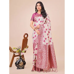 Mayawye Women's Linen Cotton Printed Saree With Unstitched Blouse 5.5Mtr (Magenta)