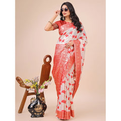 Mayawye Women's Linen Cotton Printed Saree With Unstitched Blouse 5.5Mtr (Red)