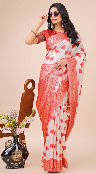 Mayawye Women's Linen Cotton Printed Saree With Unstitched Blouse 5.5Mtr (Red)