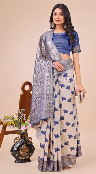 Mayawye Women's Linen Cotton Printed Saree With Unstitched Blouse 5.5Mtr (Blue)