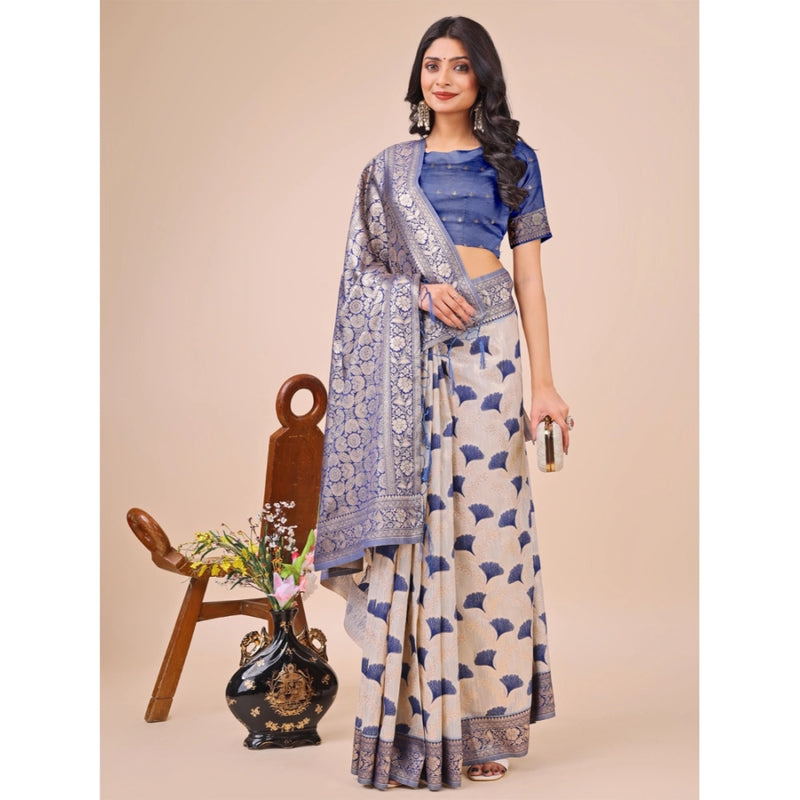 Mayawye Women's Linen Cotton Printed Saree With Unstitched Blouse 5.5Mtr (Blue)