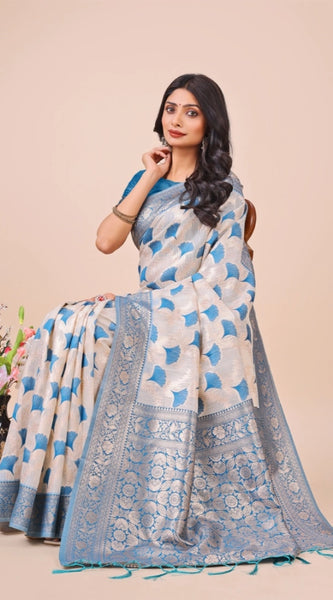 Mayawye Women's Linen Cotton Printed Saree With Unstitched Blouse 5.5Mtr (Sky Blue)