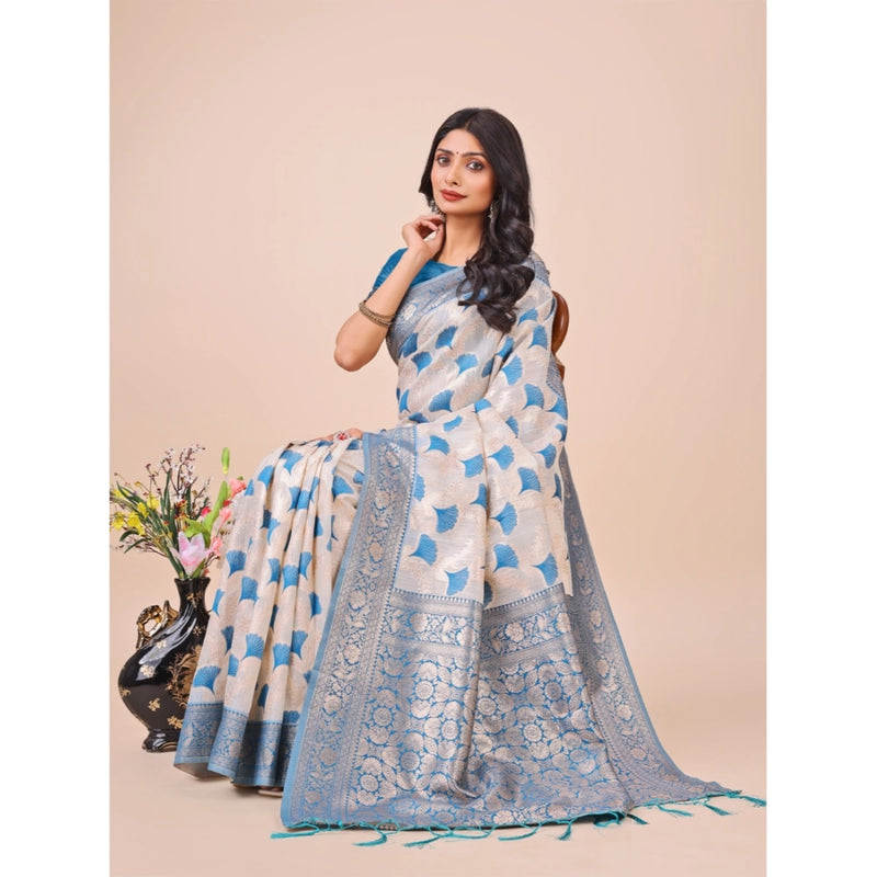 Mayawye Women's Linen Cotton Printed Saree With Unstitched Blouse 5.5Mtr (Sky Blue)
